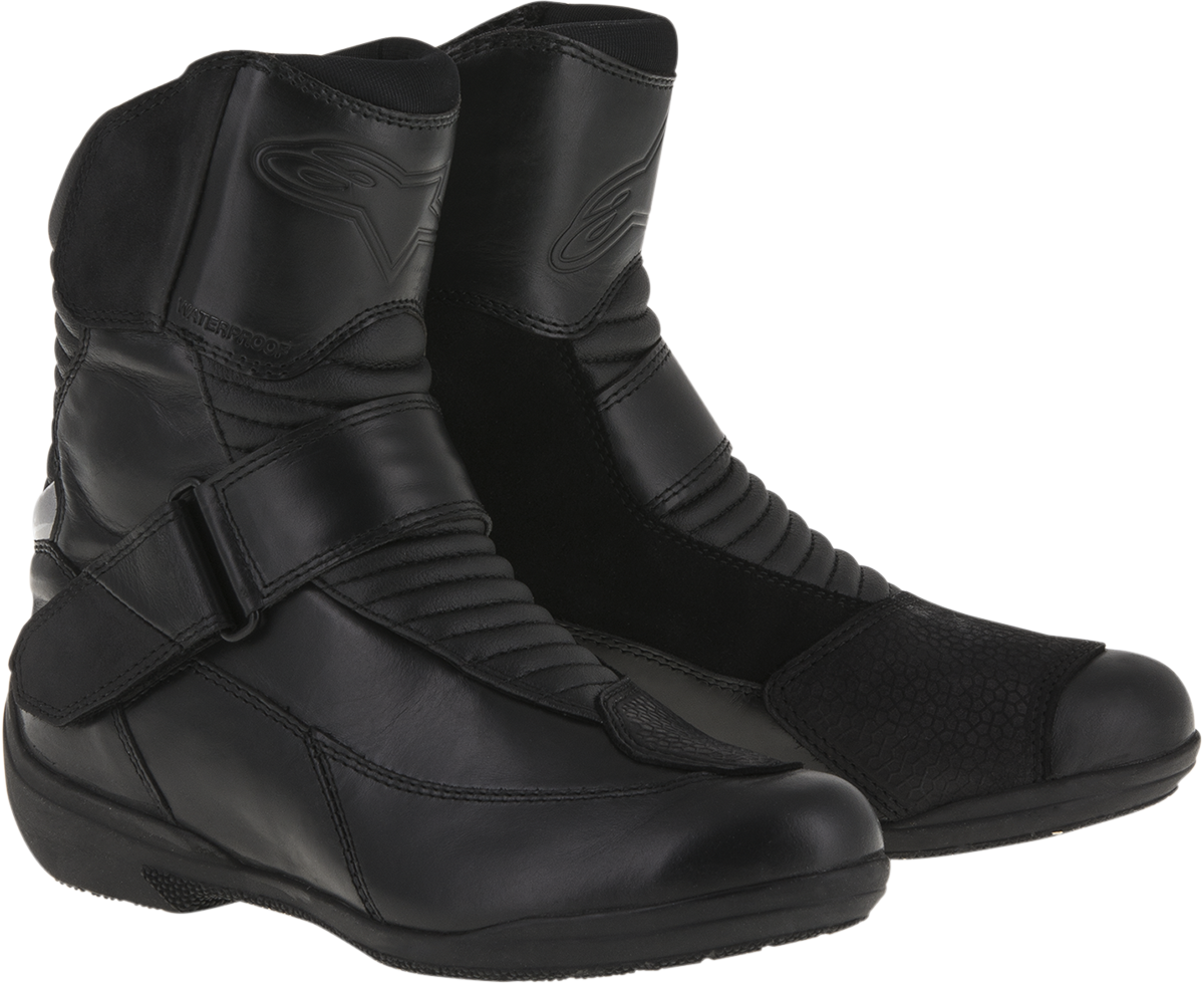 Alpinestars Stella Valencia waterproof black motorcycle boots with US 8 / EU 39 size, featuring sturdy design and protective features
