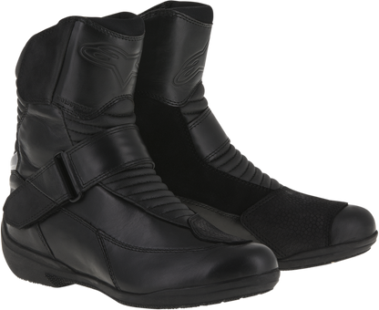Alpinestars Stella Valencia waterproof black motorcycle boots with US 8 / EU 39 size, featuring sturdy design and protective features