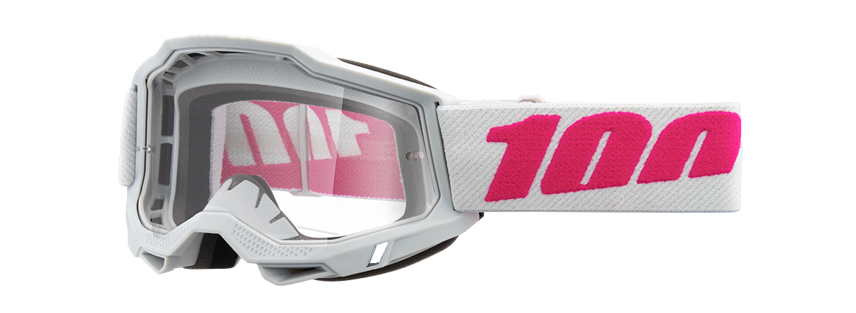Clear 100% Accuri 2 goggles by Bill's Exhausts showing transparent lens and black frame, designed for eye protection during sports or activities.