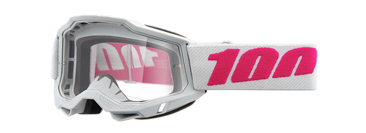 Clear 100% Accuri 2 goggles by Bill's Exhausts showing transparent lens and black frame, designed for eye protection during sports or activities.