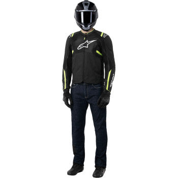 Alpinestars T-SPS Air v2 motorcycle jacket in black and yellow fluo with protective features, shown in a front view.