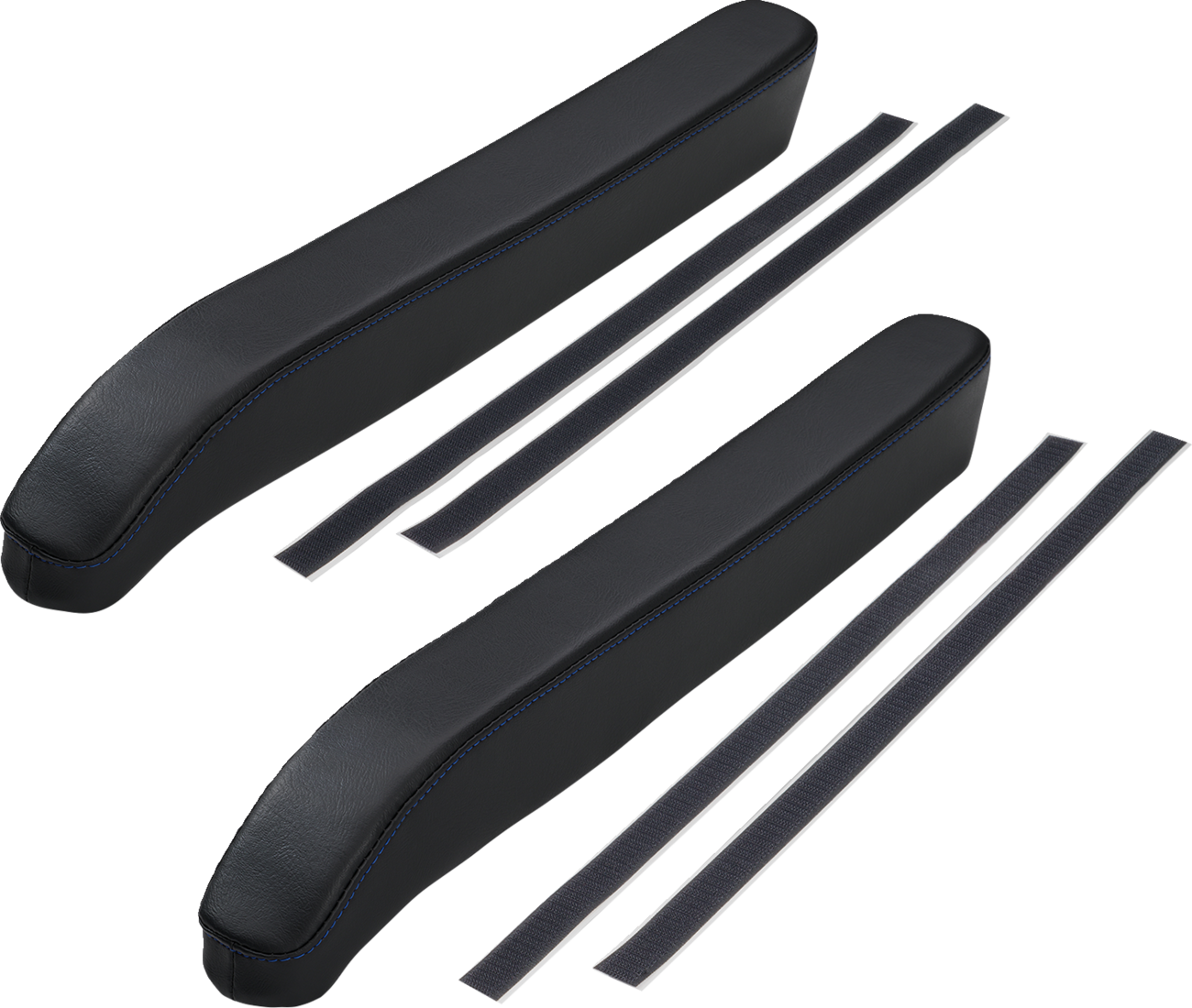 Black Show Chrome Kaliber Armrest Pads with blue stitching for Slingshot 2015-2022 engine, featuring durable cushioning and stylish design.