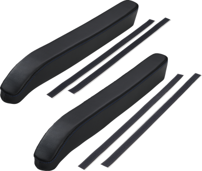 Black Show Chrome Kaliber Armrest Pads with blue stitching for Slingshot 2015-2022 engine, featuring durable cushioning and stylish design.