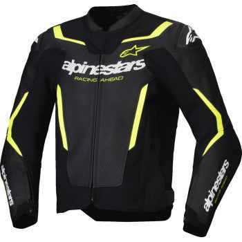 Black leather Alpinestars GP Force Air Flo jacket with yellow accents, size 48, featuring a sleek motorcycle jacket design.