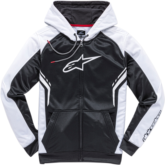 Alpinestars Strike Zip Hoodie in black and white, large size, featuring a full front zipper and brand logo, casual hoodie for men.