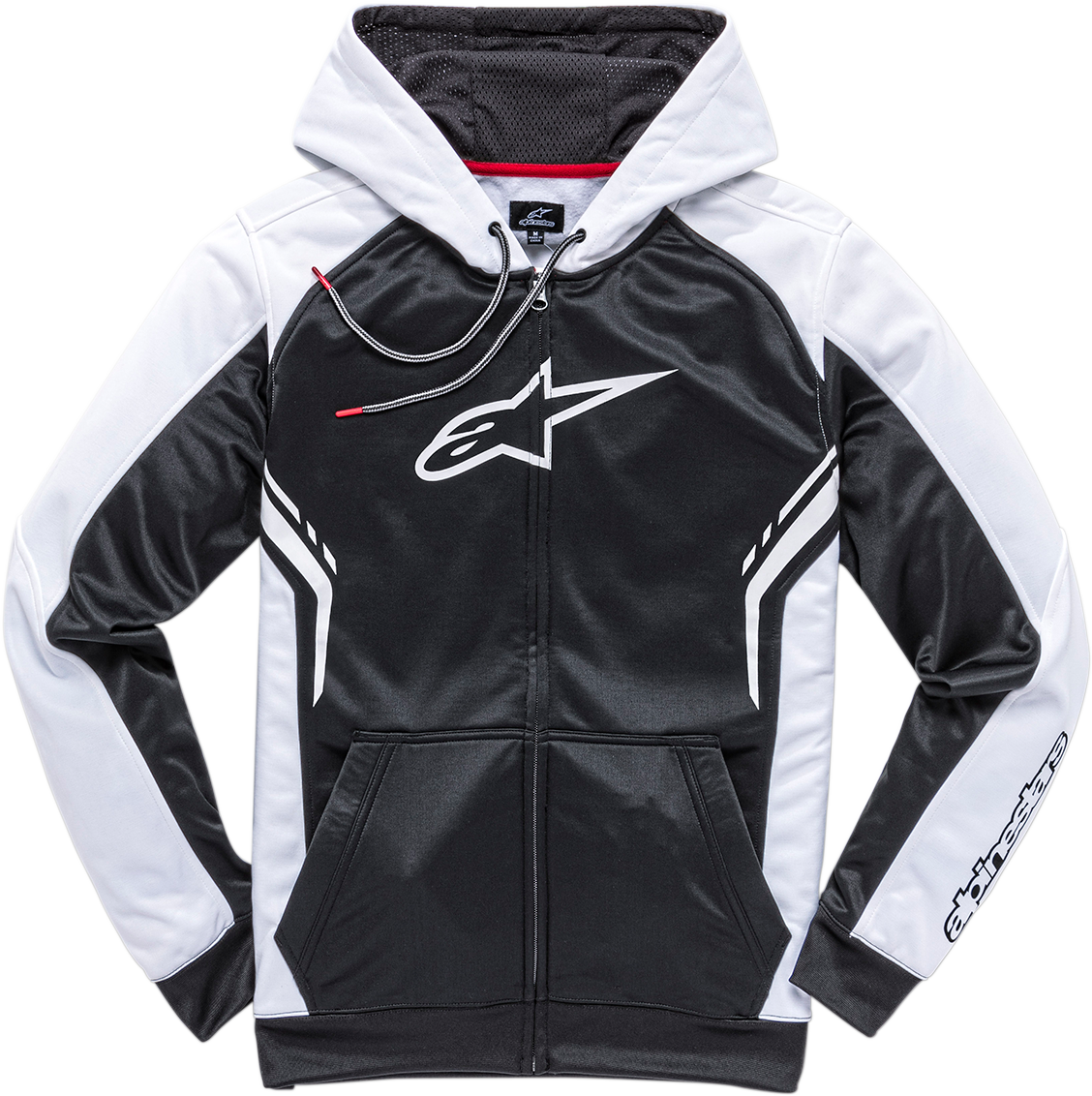 Black and white Alpinestars Strike Zip Hoodie in medium, featuring a front zipper and logo details, casual streetwear style.