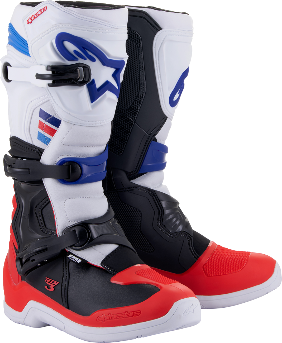Alpinestars Tech 3 motorcycle boots in white, red, and black with US size 7, featuring protective ankle and sole details