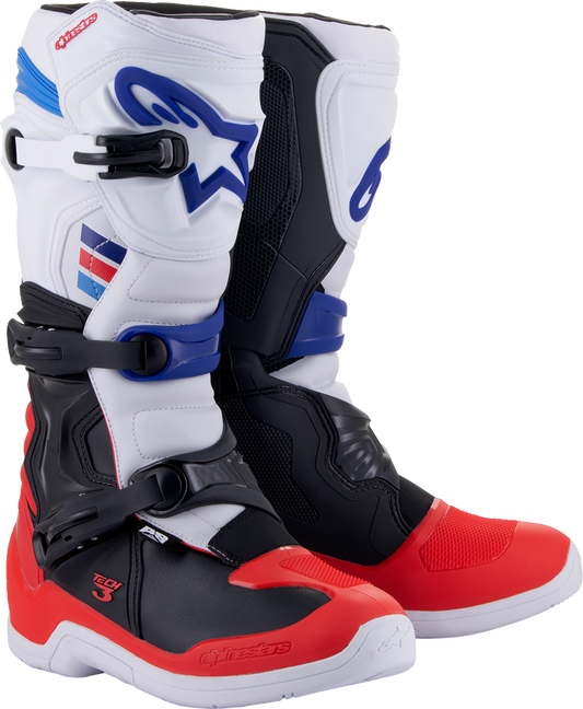 Alpinestars Tech 3 motorcycle boots in white, red, and black with US size 13, featuring protective design and durable construction.