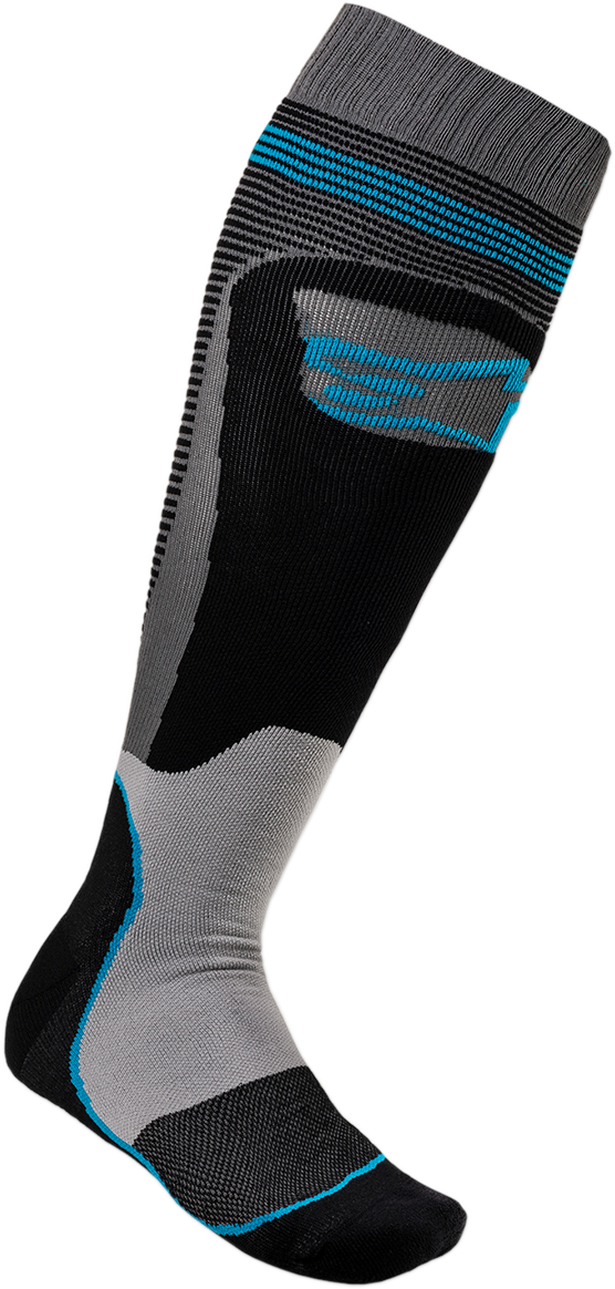 ALPINESTARS MX Plus 1 Socks in black and cyan, large/2XL size, designed for motocross or off-road riding.
