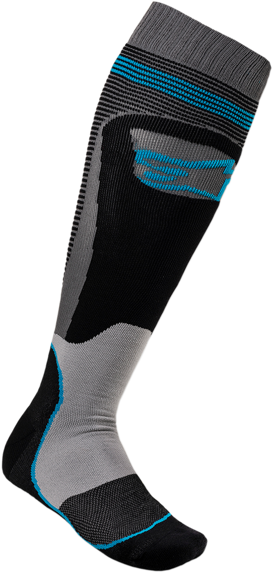 ALPINESTARS MX Plus 1 Socks in black and cyan, large/2XL size, designed for motocross or off-road riding.