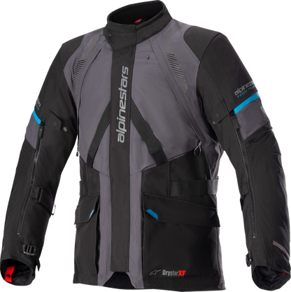 Alpinestars Monteira Drystar XF jacket in gray, black, and blue, small size, featuring protective motorcycle jacket design.