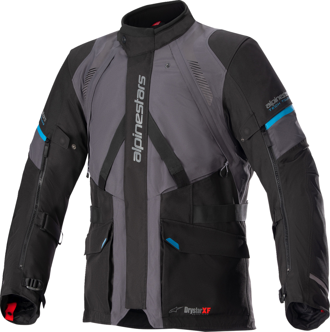 Alpinestars Monteira Drystar XF motorcycle jacket in gray, black, and blue, size 2XL, with protective design and waterproof material.
