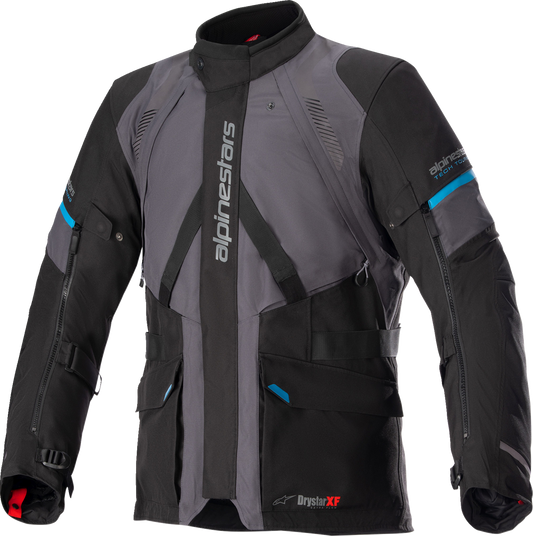 Alpinestars Monteira Drystar XF motorcycle jacket in gray, black, and blue, size 2XL, with protective design and waterproof material.