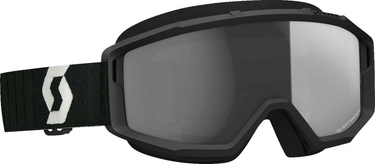 Scott Primal Sand Dust Goggles in black and gray, designed for engine protection, featuring dark gray lenses and adjustable straps.