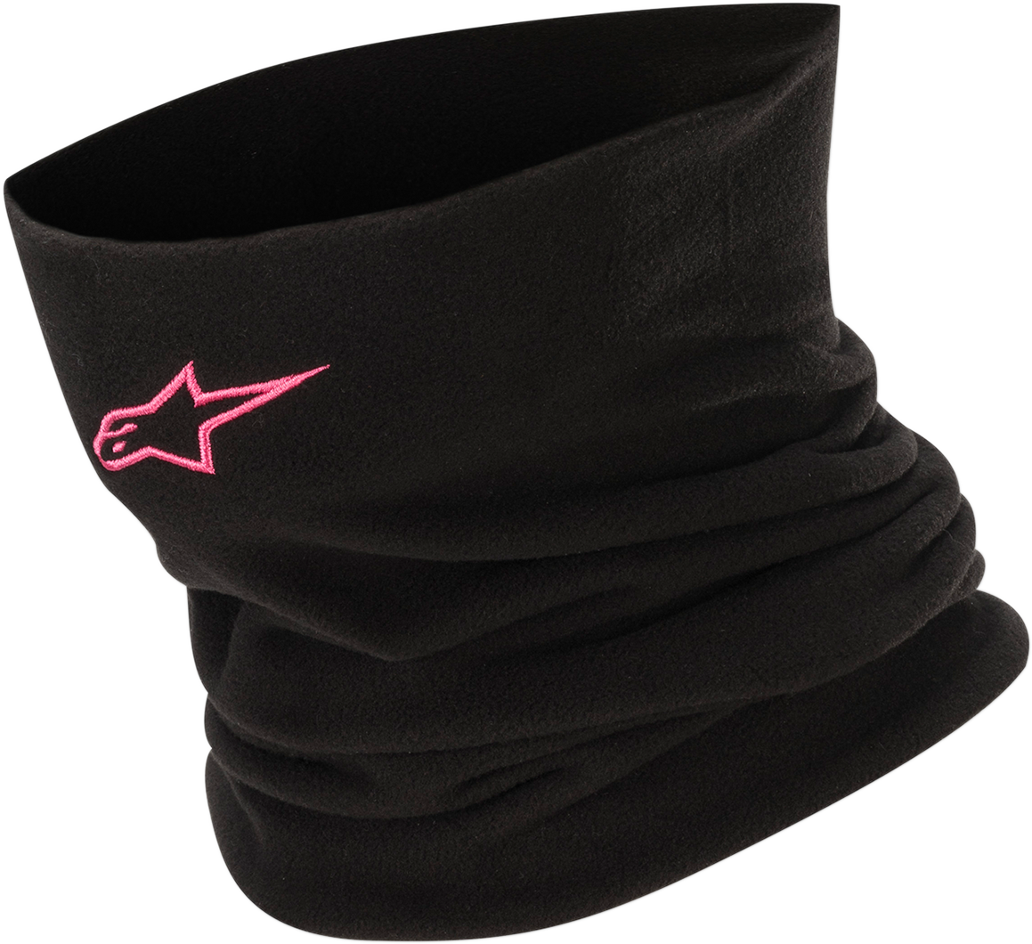 Alpinestars black and pink neck warmer, protective gear for motorcycling, shown in a close-up image.