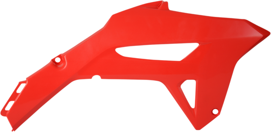 Red ACERBIS radiator shroud for body of motorcycle, featuring sleek design and brand logo, compatible with various models.