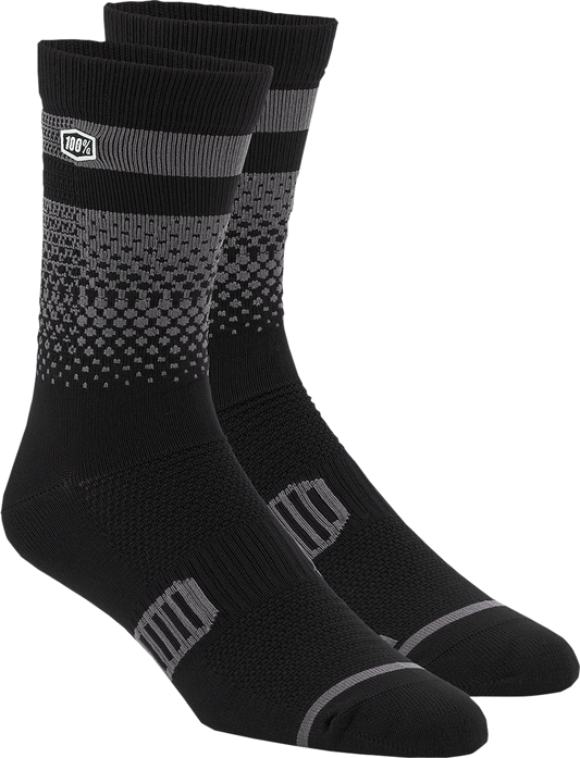Black and charcoal Advocate socks by Bill's Exhausts, small/medium size, featuring a soft fabric and subtle branding details.