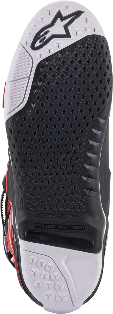 Alpinestars Tech 10 motorcycle boots in black and red, US size 13, featuring protective design and durable construction.
