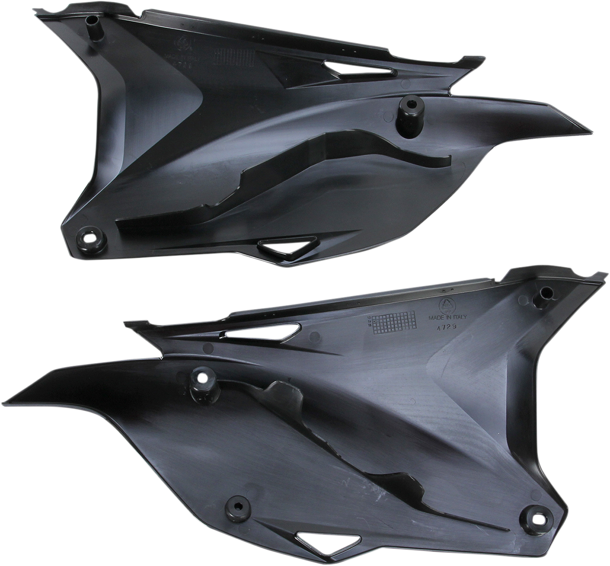 Black Acerbis side panels for motorcycle body, featuring the product code 2374080001, designed for durable fit and style.