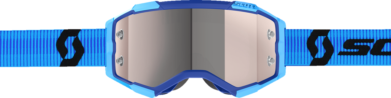 Scott Fury blue and black motocross goggles with silver chrome lenses, featuring adjustable straps and padded frame for comfort.