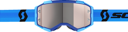 Scott Fury blue and black motocross goggles with silver chrome lenses, featuring adjustable straps and padded frame for comfort.