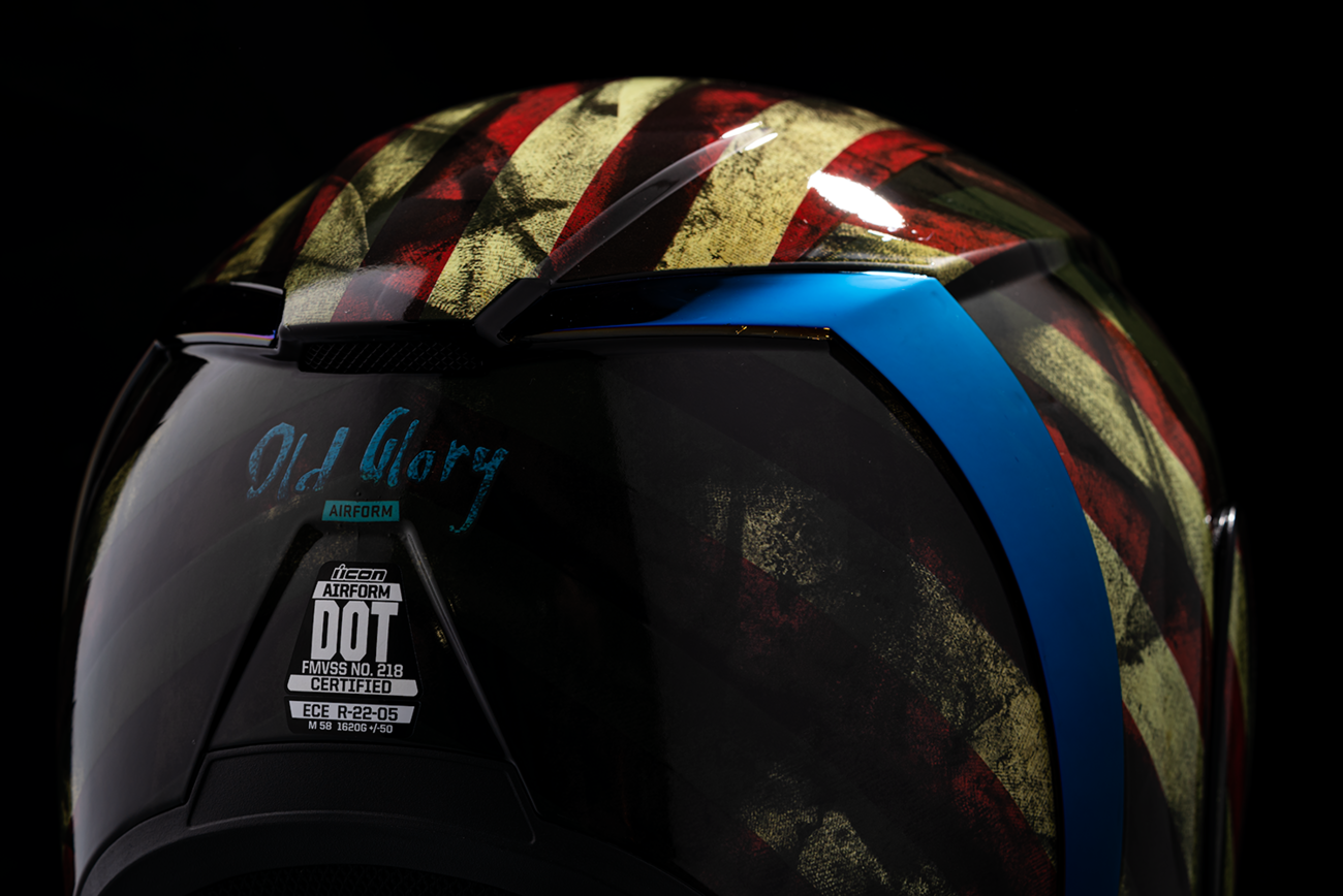 Bill's Exhausts ICON Airform™ Helmet in Old Glory design, small size, featuring vibrant patriotic pattern and durable construction.