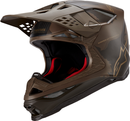 Alpinestars Supertech M10 helmet in dark brown and gold with MIPS® protection, large size, featuring sleek aerodynamic design.