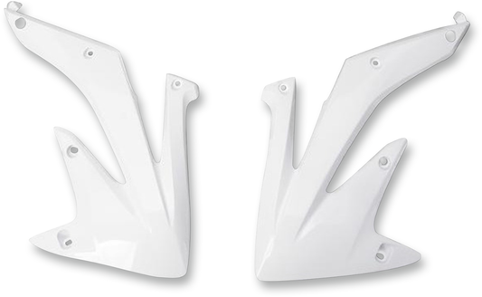Acerbis radiator shrouds in white for motorcycle body, with vent openings and mounting points, designed for compatibility with specific models.