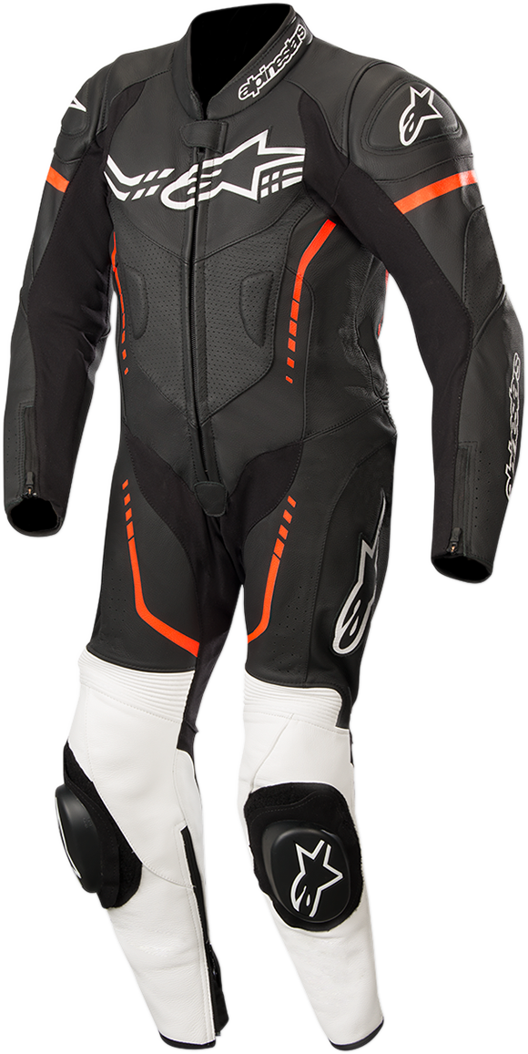 Alpinestars youth GP Plus 1-piece leather suit in black, white, and red fluorescent with protective padding, front view.
