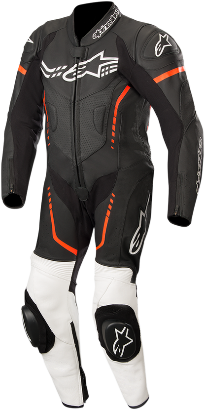 Alpinestars youth GP Plus 1-piece leather suit in black, white, and red fluorescent with protective padding, front view.