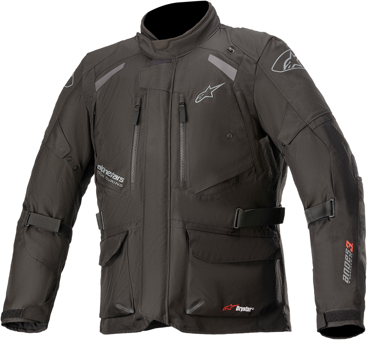 Alpinestars Andes v3 Drystar jacket in black, 4XL, featuring textured fabric, adjustable collar, and front zipper pockets.