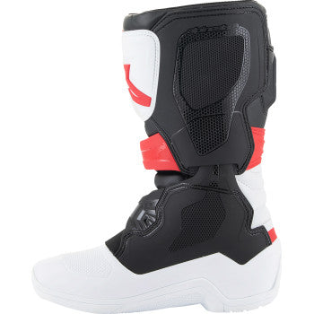 Alpinestars Youth Tech3S motocross boots in white, black, and red with adjustable straps and protective features, US size 7.
