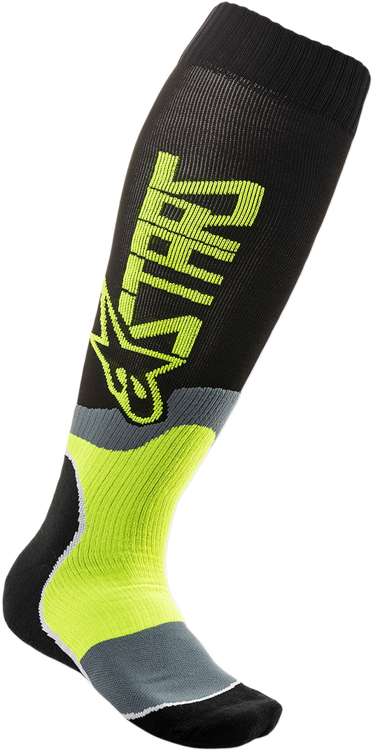 Alpinestars MX Plus 2 motocross socks in black and yellow, small/medium size, featuring breathable fabric and reinforced areas.