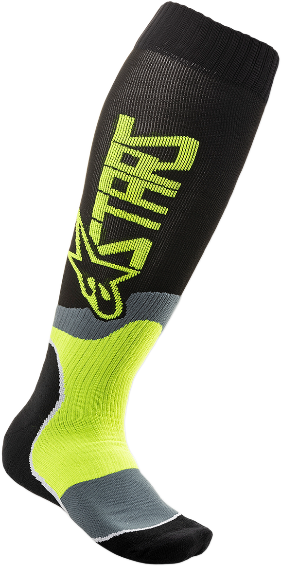 Alpinestars MX Plus 2 motorcycle socks in black and yellow, large/2XL size, featuring reinforced heel and arch support.