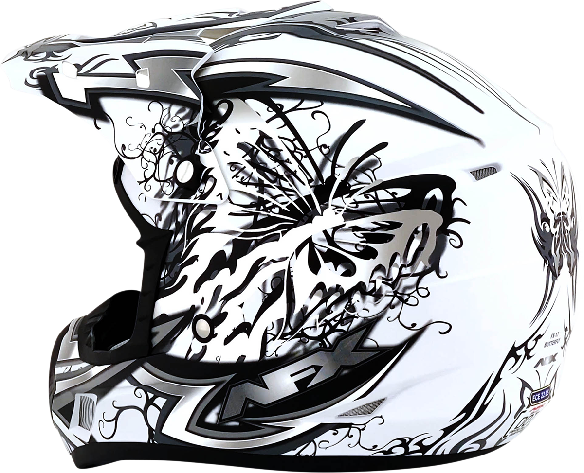 Matte white AFX FX-17 Butterfly helmet in XL size, featuring a sleek aerodynamic design and secure strap closure.