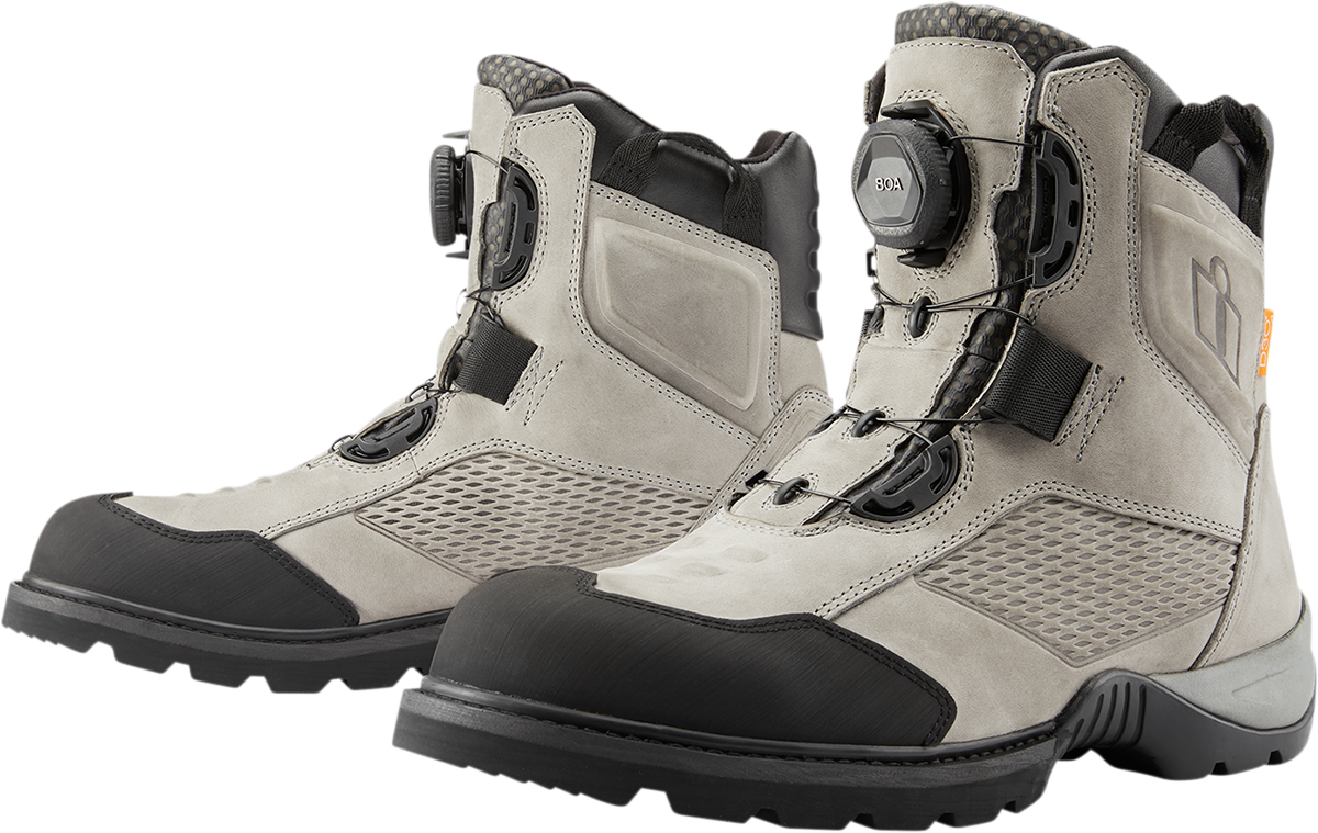 Gray ICON Stormhawk Boots by Bill's Exhausts, size 10, featuring durable leather construction and rugged style.