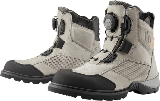 Gray ICON Stormhawk Boots by Bill's Exhausts, size 12, showcasing the rugged design and sturdy construction.