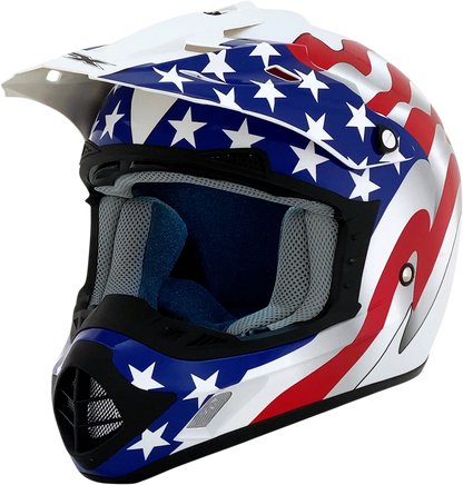 White AFX FX-17 helmet with flag design, size 4XL, featuring a sleek helmet shape and detailed graphics.