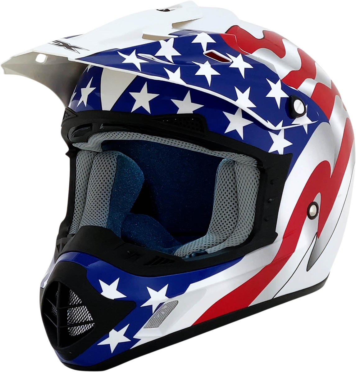 White AFX FX-17 helmet with flag design in 2XL size, featuring a sleek motorcycle helmet with bold flag graphics.