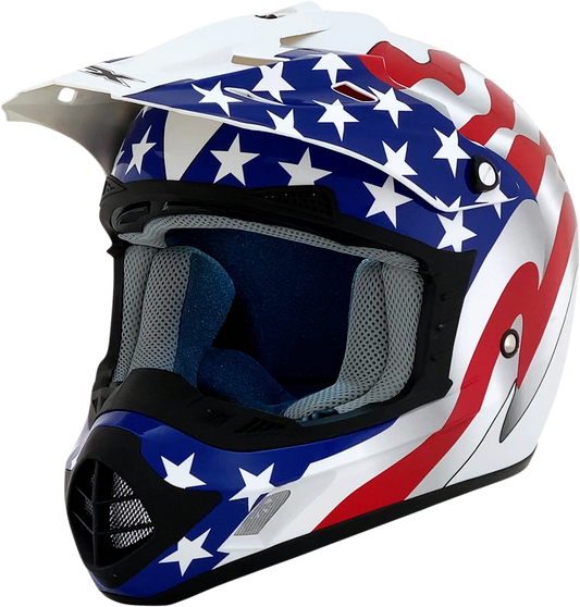 White AFX FX-17 motorcycle helmet with flag design, medium size, featuring a sleek helmet shape and detailed graphics.