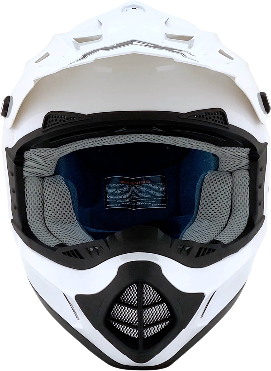 White AFX FX-17 motorcycle helmet in XL size with clear visor and aerodynamic design, featuring subtle ventilation details.