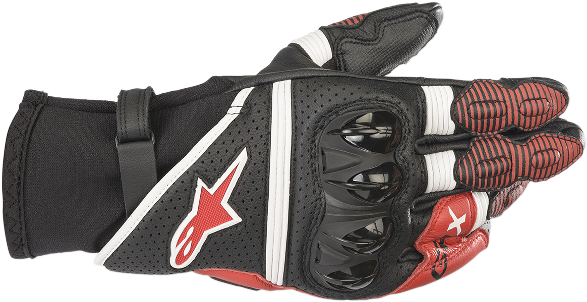Alpinestars GPX V2 motorcycle gloves in black, white, and bright red with protective knuckles and adjustable wrist straps.