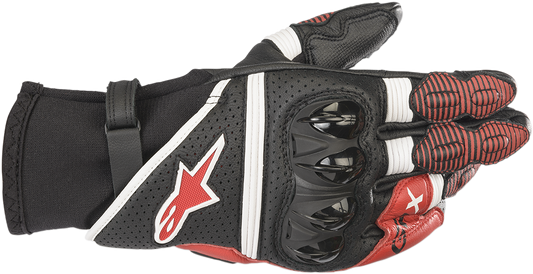 Alpinestars GPX V2 motorcycle gloves in black, white, and bright red with protective knuckles and adjustable wrist straps.