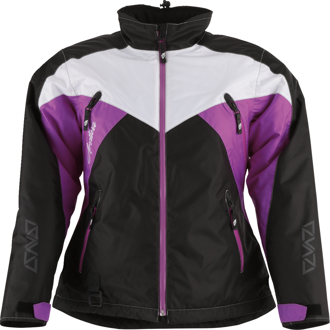 Black, purple, and white ARCTIVA Women's Pivot 6 Jacket by Bill's Exhausts, medium size, showing the jacket's color block design and zipper details.