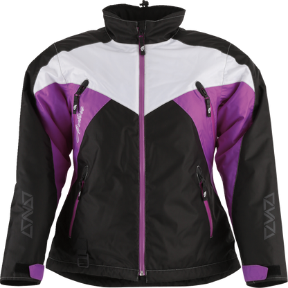 Black, purple, and white ARCTIVA Women's Pivot 6 Jacket by Bill's Exhausts, medium size, showing the jacket's color block design and zipper details.