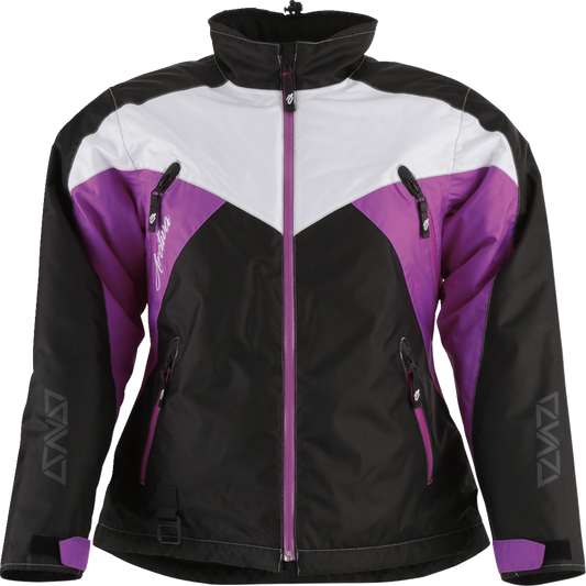 Black, purple, and white ARCTIVA Women's Pivot 6 Jacket by Bill's Exhausts, shown in XS size, with a sleek, weather-resistant design.