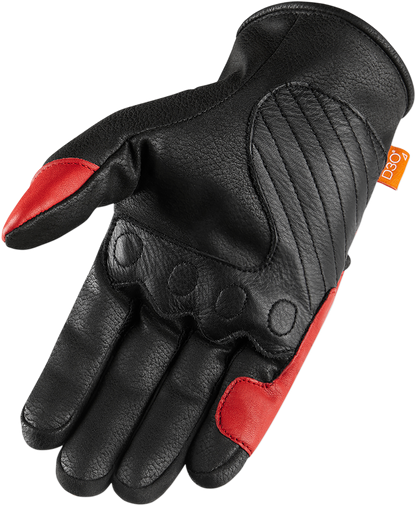 Red ICON Contra2™ gloves in 3XL size, showing the textured leather surface and reinforced knuckles for motorcycle riding.