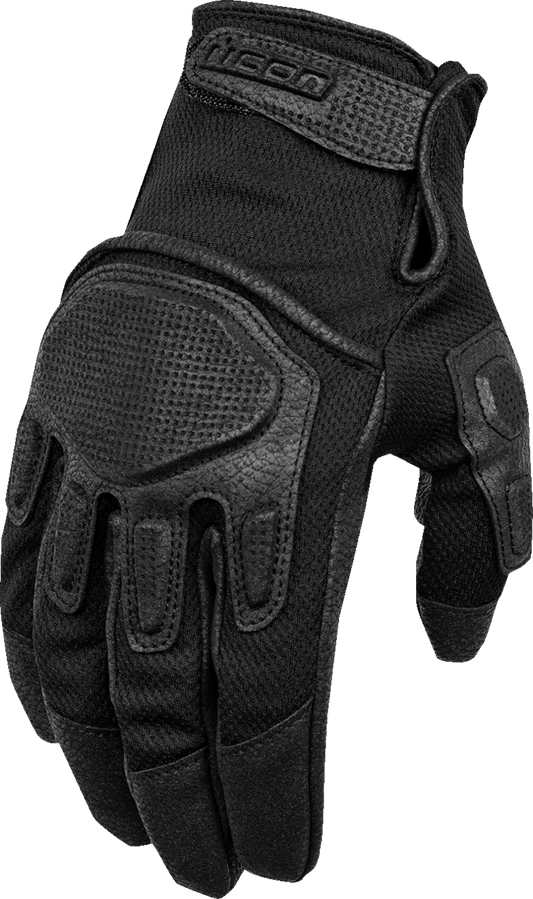 Black ICON Punchup CE™ gloves in medium size, featuring protective padding, designed for motorcycle riding by Bill's Exhausts