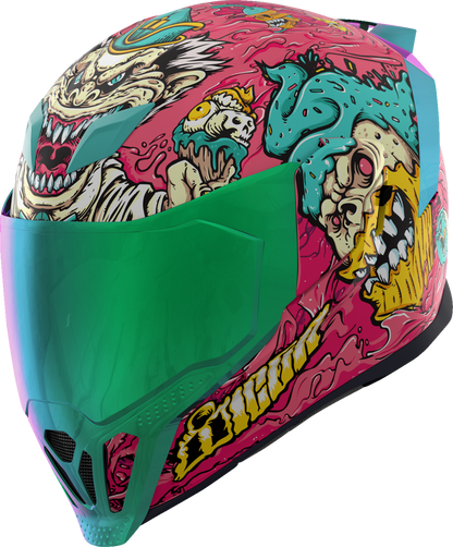 Pink ICON Airflite™ helmet with Snack Attack design, MIPS® safety system, XS size, featuring aerodynamic shape and adjustable strap.