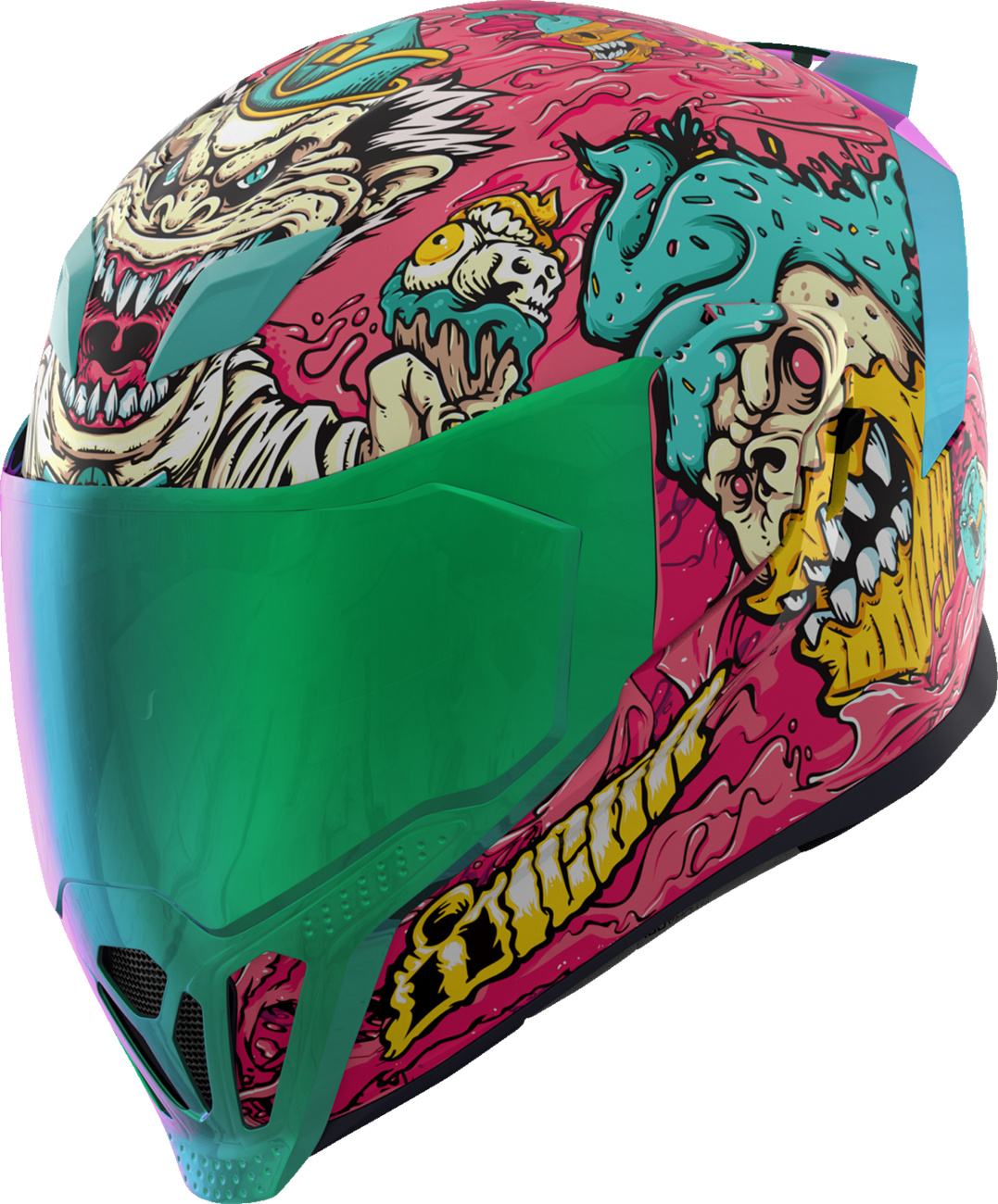 Pink ICON Airflite™ Helmet with Snack Attack design, MIPS® safety feature, medium size, shown from side view.